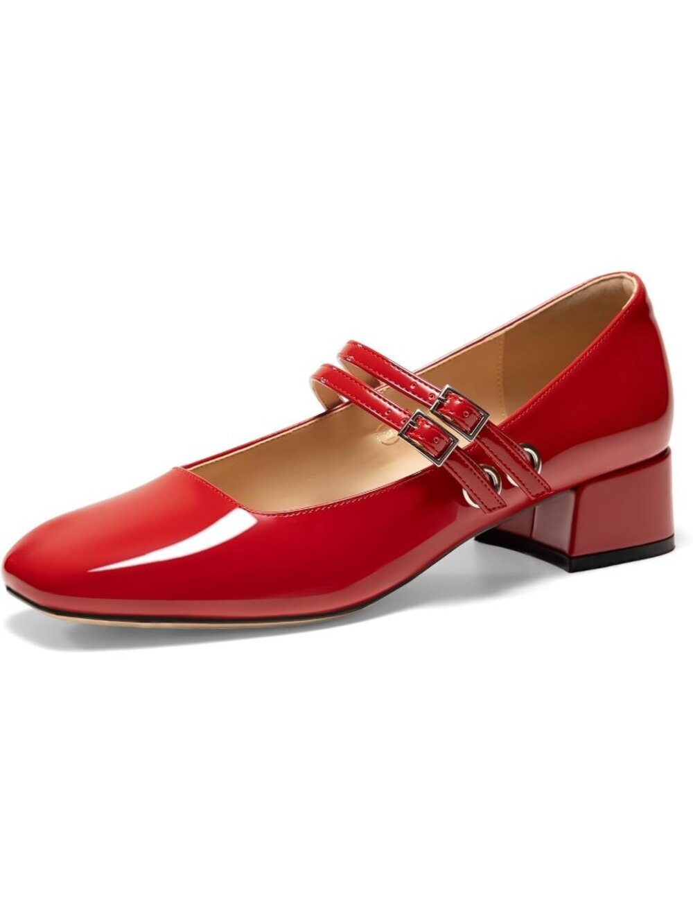 Women's Red Mary Jane Low Heels Closed Square Toe Double Strap Shoes